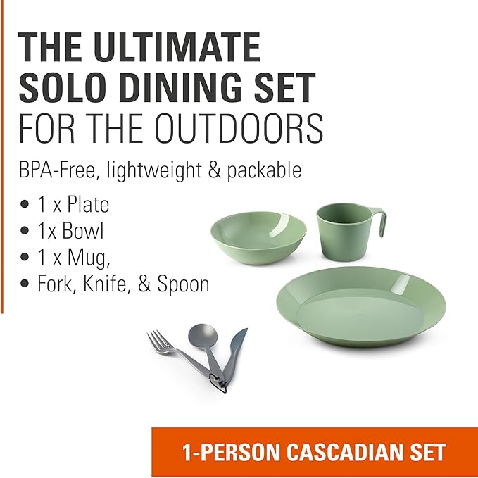 GSI Outdoors Cascadian 1 Person Table Set I 6-Piece Camping, Backpacking Mess Kit, Plastic BPA Free, Plate, Bowl, Mug, Cup & Cutlery Set