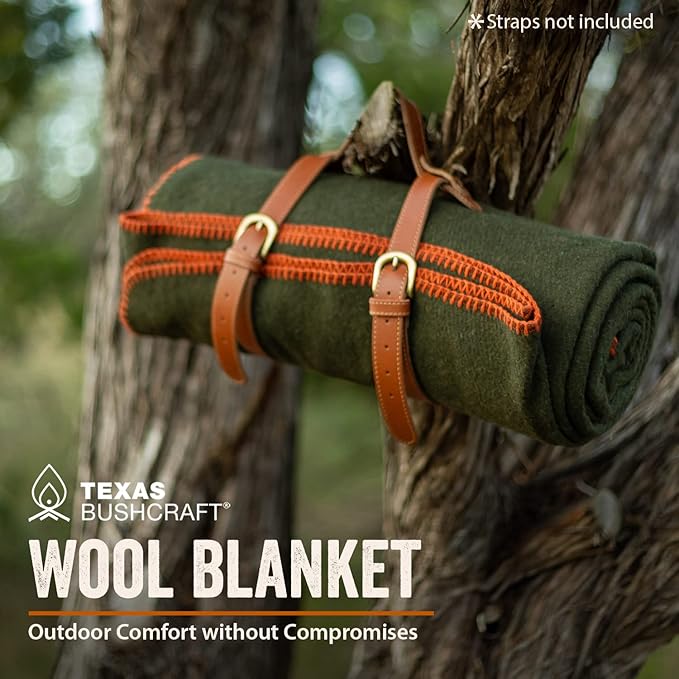 Texas Bushcraft Merino Wool Blanket for Camping Hiking and Backpacking – Water Fire Resistant Camp Car is Fast-Warming Durable with Double-Stitched Edging (66” x 90”) Burnt Orange