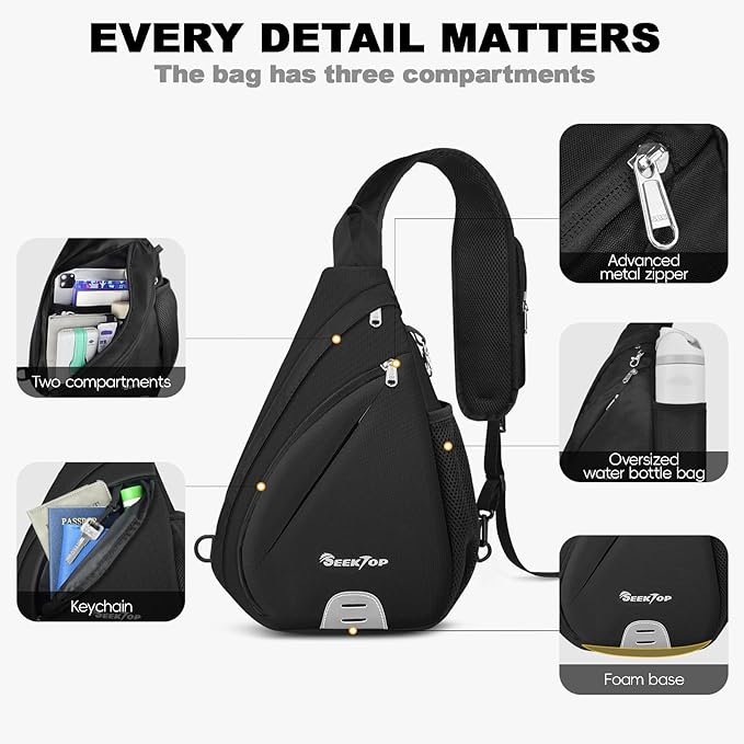 Seektop Crossbody Bag Anti-Theft RFID Blocking Waterproof 400D Nylon Lightweight Small Sling Backpack Shoulder Bags Chest Pack for Travel Hiking Outdoor Commuting Men Women Black