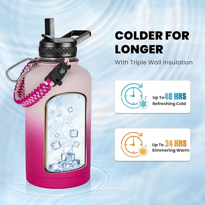 Insulated Water Bottle 64 oz, Triple Wall Vacuum Stainless Steel (Cold for 48 Hrs), Leak Proof & Non-BPA, Half Gallon Water Flask Jug with Paracord Handle & Straw Spout Lids, Ombre Pink