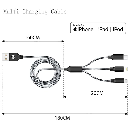 Xnewcable Multi Charging Cable 6ft 2Pack 3 in 1 Charger Cord, Multiple Rapid Nylon Braided Cable USB Charging Cable Multi Phone Charger Cord with Type C Micro Lightning USB Connectors for Cell Phones