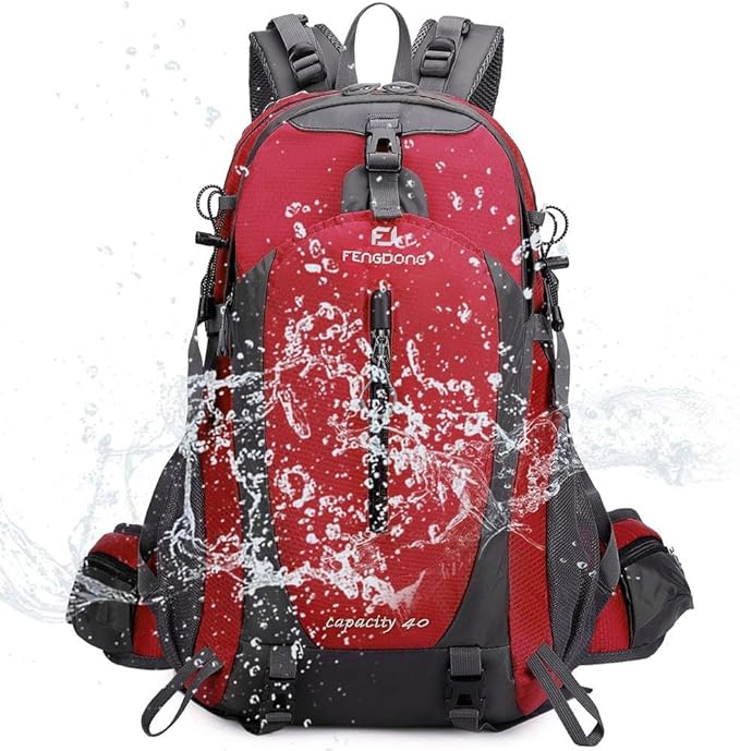 FENGDONG 40L Waterproof Lightweight Hiking,Camping,Travel Backpack for Men Women Red