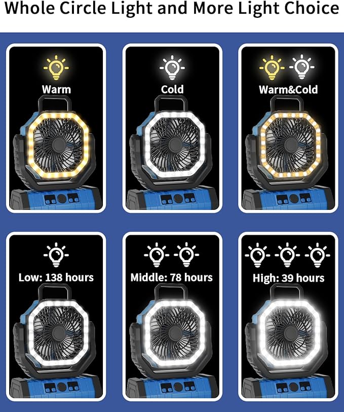 ADUST Camping Fan Battery Operated Powered Fan with LED Lantern Light 20000mAh Rechargeable Portable Oscillating, 360° Rotation Hanging Hook for Tents, Cordless USB Desk Fan(Blue)