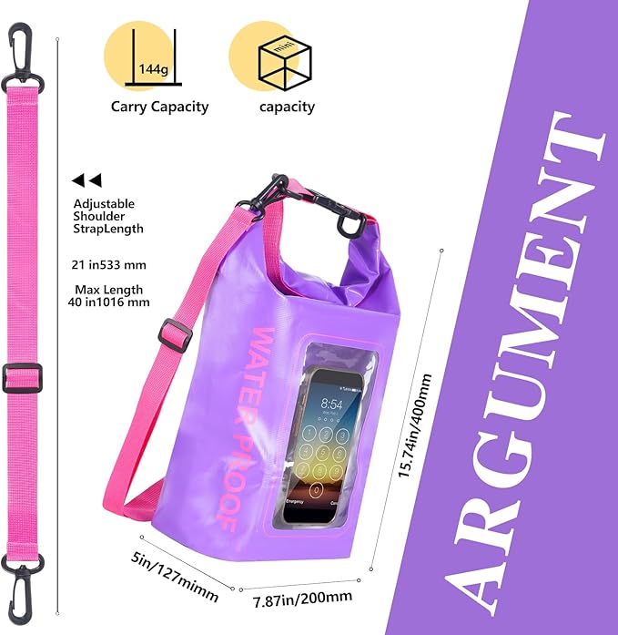 IP68 Waterproof Dry Bag, 2L - Roll Top Waterproof Pool Bag，Dry Bags for Kayaking Waterproof-w/Phone Pouch,Large Waterproof Phone Pouch,Boating & Kayak Accessories Camping (Purple 5L)
