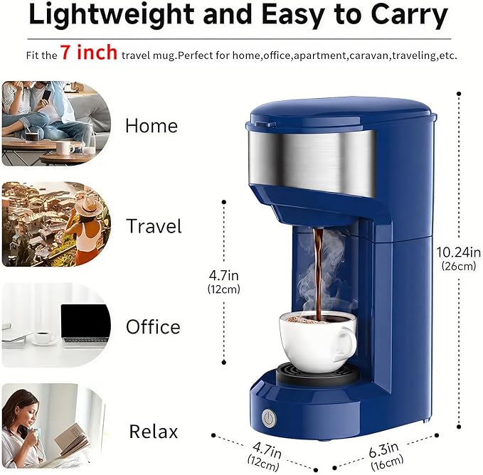Single Serve Coffee Maker, 2 in 1 Brewer for K Pod & Ground Coffee, 90s Rapid Brew 6 to 14oz Capacities with Auto Shut Off, Small Compact Design for Home Office Travel Camping (Dark Blue)