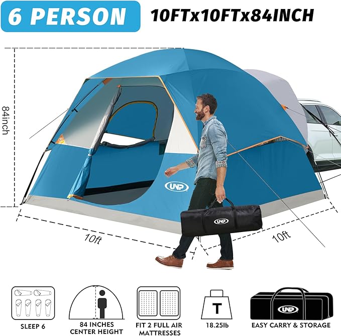 UNP SUV Dome Tent for Camping, Outdoor 6 Person Car Camping Tent, Easy Set Up SUV Tailgate Tent with Rainfly 10' x 10' Vehicle Camping Tent