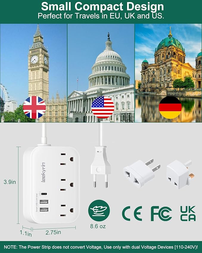 European Travel Plug Adapter, US to UK Europe Power Strip for EU/UK/US with USB C, 3 USB Ports 3 AC Outlets, 3ft Extension Cord, International Travel Power Strip, Type C for Europe EU Germany France