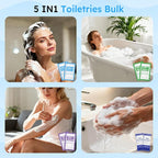 50 Pcs 5-IN-1 Hotel Soaps and Toiletries Bulk Set,5-Piece Set 0.35 oz each Packets Shampoo,Conditioner, Body Wash and Lotion,0.53 oz Soap Mini Travel Size Toiletries Supplies kit for Guests,Homeless