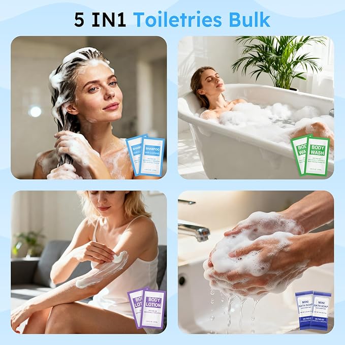 100 Pcs 5-IN-1 Hotel Soaps and Toiletries Bulk Set,5-Piece Set 0.35 oz each Packets Shampoo,Conditioner, Body Wash and Lotion,0.53 oz Soap Mini Travel Size Toiletries Supplies kit for Guests,Homeless
