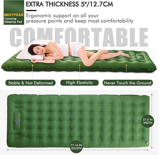 MEETPEAK Extra Thickness 5 Inch Inflatable Sleeping Pad Built-in Pump, Durable Waterproof Camping Air Mattress for Backpacking Traveling Hiking, Compact & Lightweight Camping Sleeping Mat