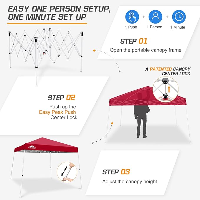 EAGLE PEAK 10x10 Slant Leg Pop-up Canopy Tent Easy One Person Setup Instant Outdoor Beach Canopy Folding Portable Sports Shelter 10x10 Base 8x8 Top (Red)