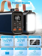 140W Laptop Portable Charger Power Bank 50000mAh(185Wh), Power Station PD 3.1 QC4.0 Fast Charging External Battery Pack Aluminium Alloy with 4 Outputs USB-C LED Light for Outdoor Emergency-Black