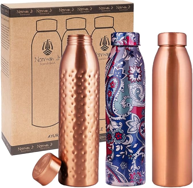 NORMAN JR, Hammered-1 Plain-1 Blue Printed-1, Copper Water Bottle 1 LTR Extra Large-an Ayurvedic Pure Premium Copper Vessel, Lower Your Sugar Intake and Enjoy The Health Benefits - Gift Pack of 3