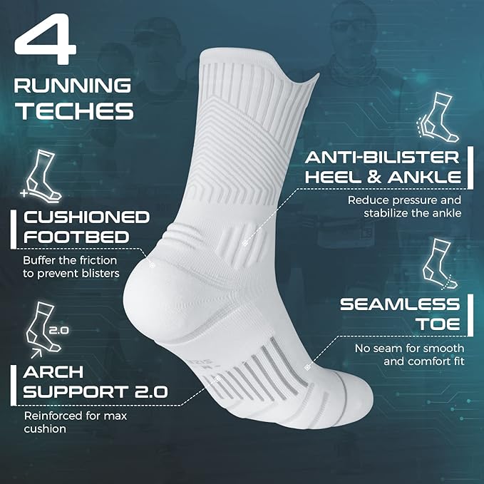 Compression Running Socks 3 Pairs, Cushion Crew Socks, Anti-Blister Moisture Wicking Athletic Hiking Basketball Socks