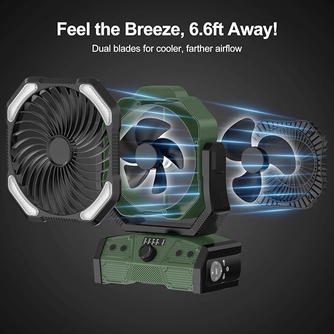 Odoland 40000mAh Camping Fan with LED Light, Battery Operated Oscillating Desk Fan with Remote & Hook, Rechargeable Outdoor Tent Fan with Timer for Hurricane Power Outage Travel Jobsite RV, Green