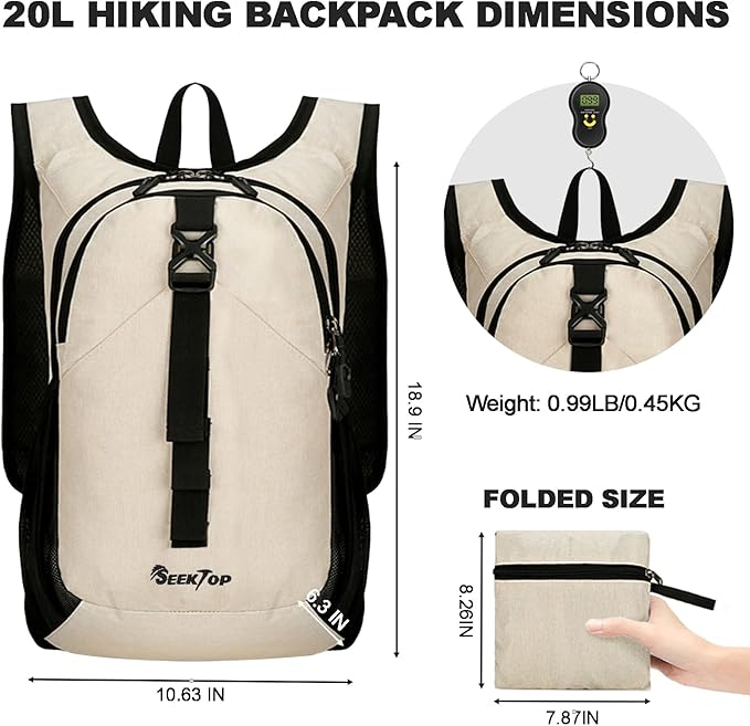 Seektop 20L Small Hiking Backpack for Women Men, Lightweight Hiking Packable Daypack with Phone Pocket for Travel Camping (Beige, 20L)