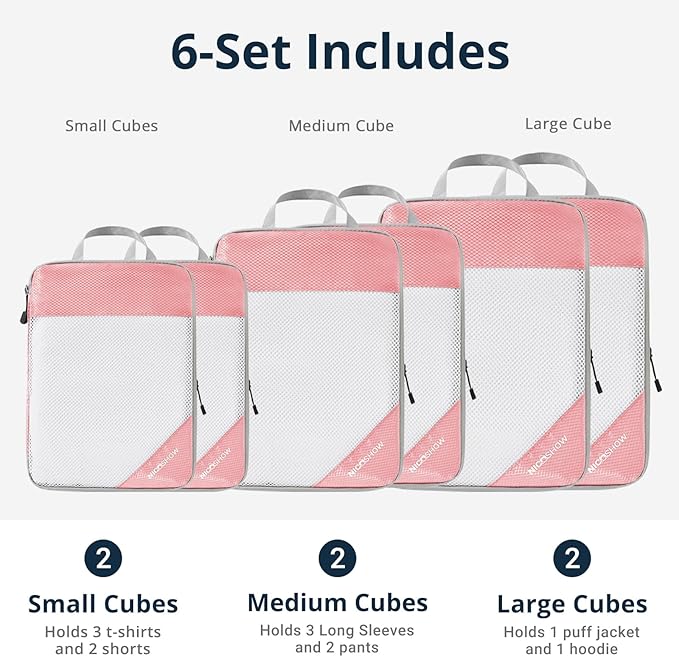 Compression Packing Cubes 6 Set, Compressible Space-Saving Packing Cubes for Travel - Compression Bags, Luggage Organizer, Travel Essentials for Women, Pink