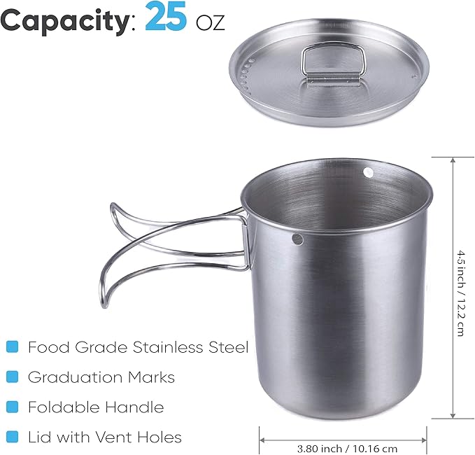 Canteen Stainless Steel Water Bottle with Nested Camping Cup and Lid for Bug Out Bag, Bushcraft Gear, Metal Canteen with a Wide Mouth Water Bottle and Mess Kit