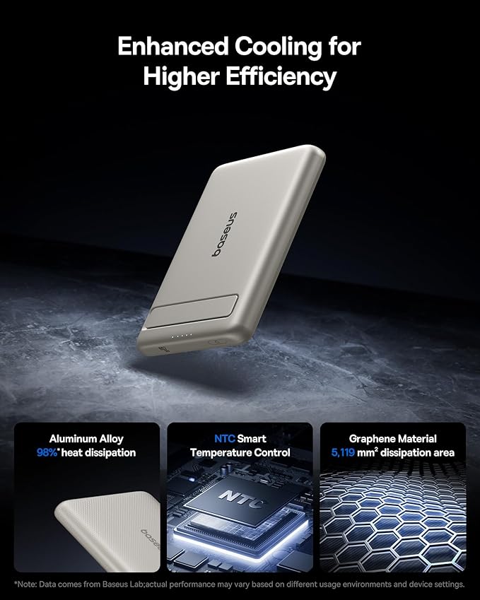 Baseus Picogo Power Bank, Smallest Qi2 Certified 15W MagSafe Portable Charger, 0.5" Ultra Slim 5000mAh Magnetic Battery Pack with Stand, Alloy Wireless Charger for iPhone 17 Pro Max/17 Air/16 Series