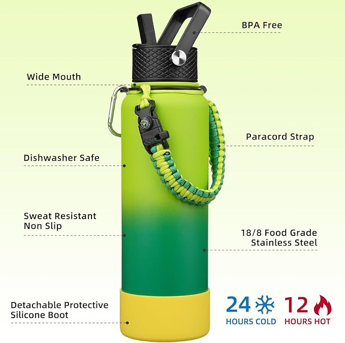 BJPKPK Insulated Water Bottle with Straw Lid, 40oz Large Thermo with 3 Lids, Paracord Handle & Non-slip Boot, BPA Free Leak Proof Stainless Steel Metal Water Bottles, Tumblers, Cups,Bamboo Grove