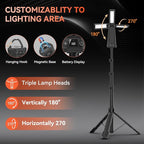 Rechargeable Camping Light with Stand, 15000 mAh Cordless Work Light with 3 LED Lamp Heads, 5500 Lumens Dimmable Camping Essentials Gear Emergency Flashlight with 86" Detachable Tripod, Black
