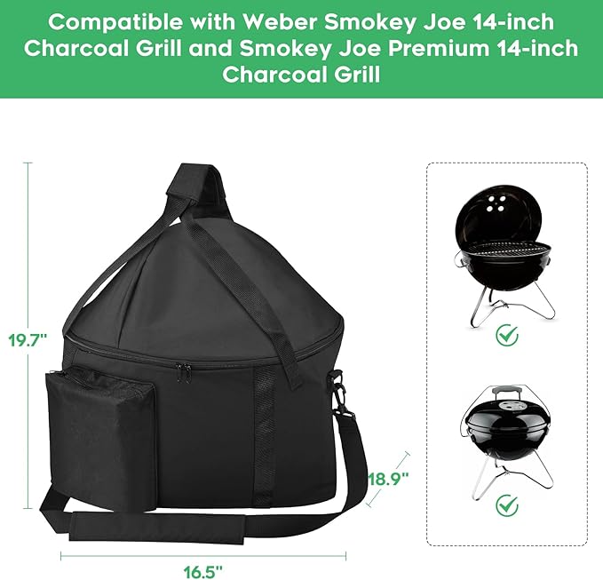 Portable Grill Carry Bag Compatible with Weber Smokey Joe 14-inch Charcoal Grill and Smokey Joe Premium 14-inch Charcoal Grill, with Pocket, Handle and Shoulder Strap, Black