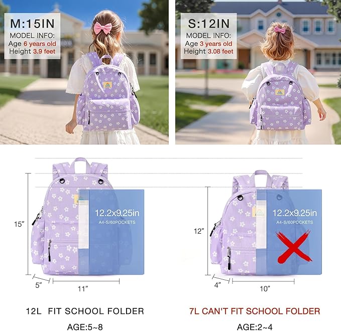 STEAMEDBUN Corduroy Kids Backpack for Girls and Boys 5-8: Girls Backpack for Elementary Kindergarten - 15 inch Cute Backpacks for Kids - Floral