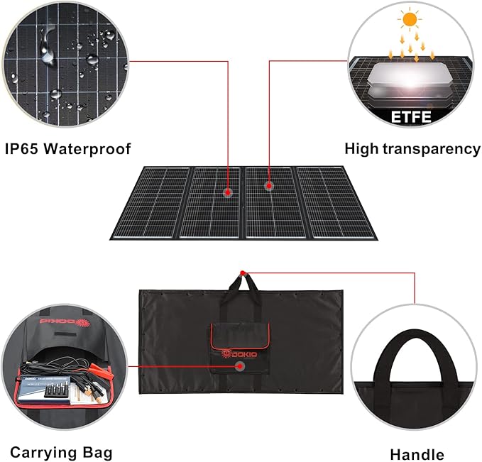 DOKIO 300W 36V Portable Folding Solar Panel Kit for 24V Batteries & Power Stations Lightweight Charger for AGM, LiFePO4, Deep Cycle — RV, Trailer, Truck, Boat, Camping, Van, Emergency