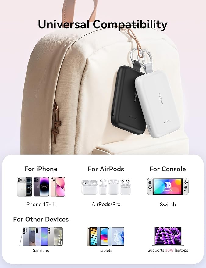 RORRY CharmGo Portable Charger, 10000mAh PD 30W Fast Charging Portable Charger Power Bank with Built-in Cables, Travel Keychain Charger Battery Pack for iPhone 17/16/15, for AirPods 2/3/4/Pro, Black