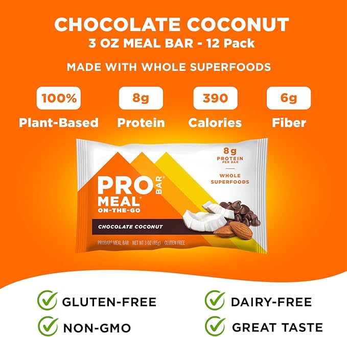 PROBAR - MEAL Bar, Chocolate Coconut, Non-GMO, Gluten-Free, Healthy, Plant-Based, Whole-Food Ingredients, Natural Energy (12 Count)