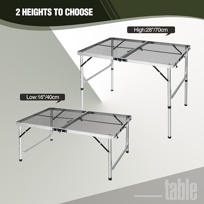 REDCAMP 36x24 Folding Grill Table for Outside, Lightweight Portable Metal Aluminum Outdoor Grill Table with Adjustable Height Legs, Great for Camping Picnic Cooking BBQ, Silver 3ft