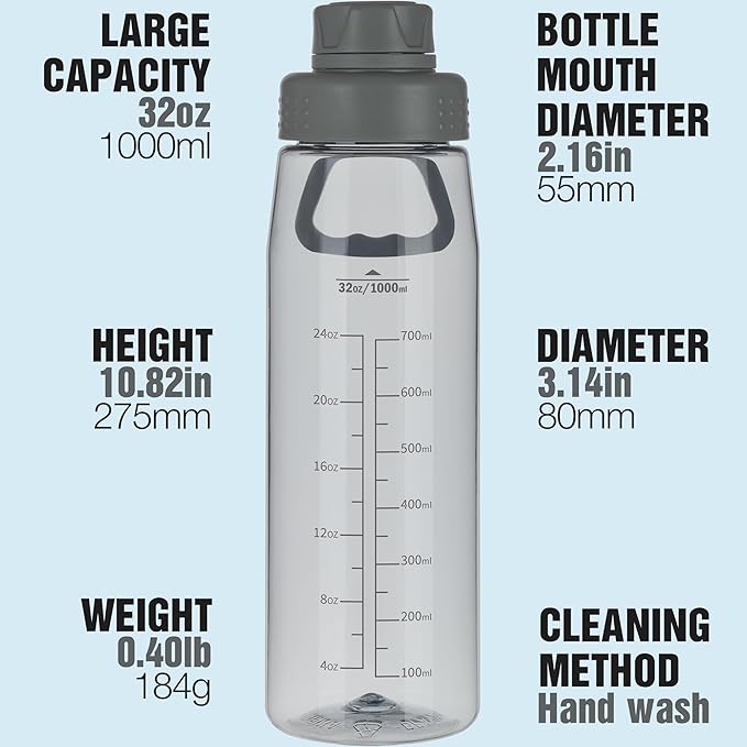 Water Bottle 32oz, clear water bottle with Spout Lid and Carry Handle, Reusable, Tritan, BPA Free, Hiking Water Bottle Suitable for Travel, Outdoors, Gym, Travel, Home, School (Gray)