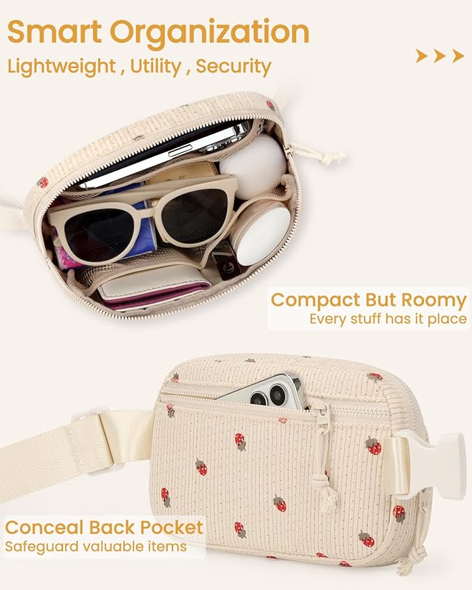 Vankor Corduroy Cute Fanny Packs for Women Cross Body, Everywhere Belt Bag for Women Crossbody Stylish Waist Pack Purse for Travel, Hiking, Workout, Running, Beige Corduroy Strawberry