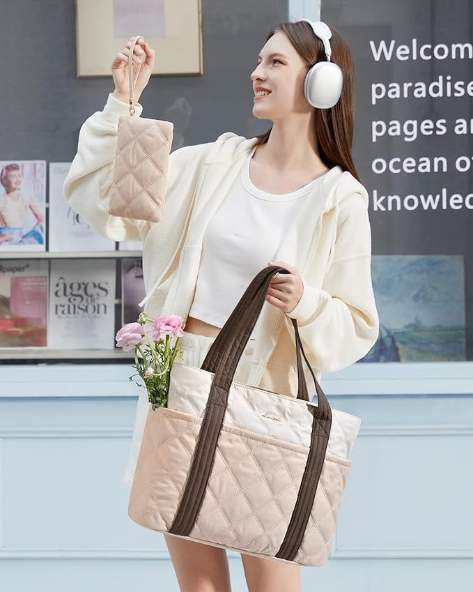 LOVEVOOK Puffer Tote Bag for Women, Puffy Work Handbag, Travel Shoulder Carry On Bag with Zipper for Teacher Nurse Gym