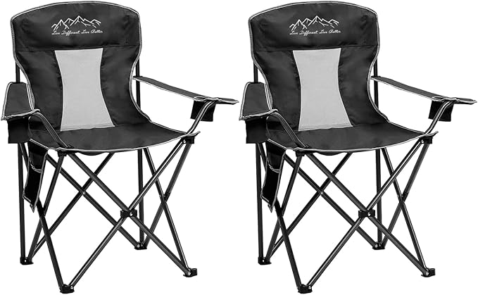 2PCS Mesh Folding Camping Chairs, Oversized Portable Outdoor Chairs, Weight Capacity 325 lbs with Cup Holder, Storage Pocket, Carry Bag Black