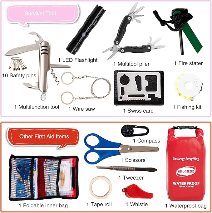 Boat First Aid Kit with Survival Tools, 123pcs Waterproof Emergency Marine Kit with Buckles, Compact Boat Safety Accessories for Fishing Kayaking Boating Camping Rafting Beach Red