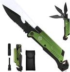 8.5" Military Outdoor Hunting Camping Pocket Knife, 7 in 1 Multi-Function Folding Knives with Fire Starter LED Light Seatbelt Cutter Glass Breaker Bottle Opener Tactical Blade (Green)