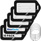 BlueCosto - Luggage Tags - Black, 10 Pack - Suitcase Tags with Name ID Card & Heavy-Duty Metal Wire Loops - Bright Colored PVC Identifiers for Travel Baggage - Backpack Name Labels