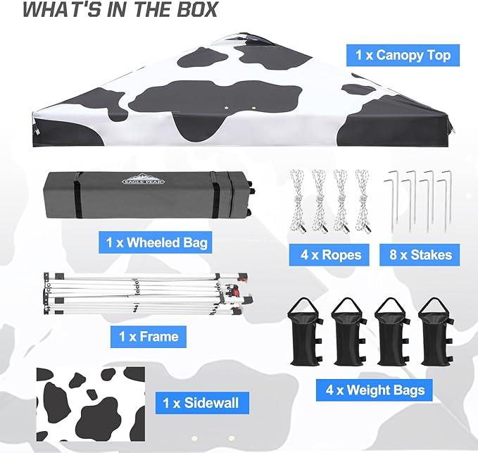 EAGLE PEAK Pop Up Canopy Tent with 1 Sidewall, Easy Setup Event Tent, Outdoor Sun Shade, Wheeled Carry Bag, Stakes and Guy Ropes, Instant Canopy 10x10, Cow Print