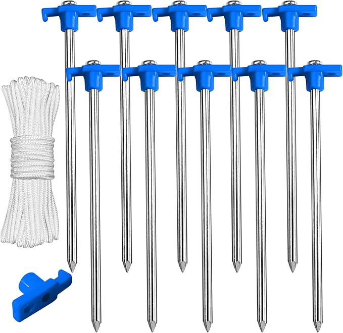 ABCCANOPY 15 Inch Tent Stakes 10 Pcs Non-Rust Metal Ground Anchors, Heavy Duty Spikes with 4 Ropes for Outdoor Camping, Blue