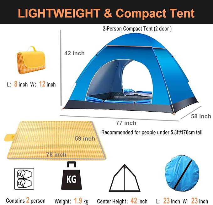 Pop Up Compact Camping Tent, Instant Pop Up Tent with Picnic Mat, Portable Automatic Waterproof Easy Setup Quick-Open Tent, Outdoor Camping Beach Travel