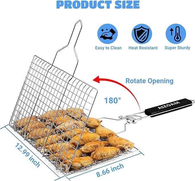 Shallow Grill Basket Fish Grill Basket, Fish Grilling Basket BBQ Fish Grill Baskets for Outdoor Grill,Grill Basket with Removable Handle. Perfect for Grilling Fish Fillets