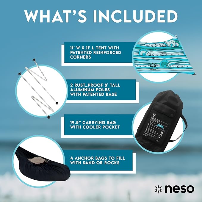 Neso Gigante - Portable Beach Tent - Ideal to Enjoy with Family and Friends - UPF 50+, Water-Resistant, and Lightweight - Swells, 11' x 11'
