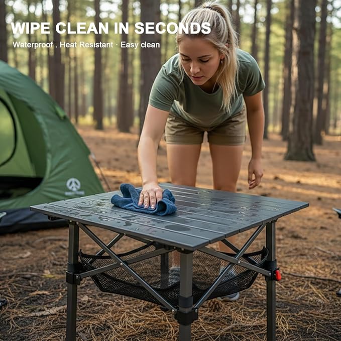 Folding Camping Table, Portable Lightweight Beach Tables for Sand Foldable, Aluminum Roll-up Folding Square Table for Outdoor Camping, Picnic, Card, Travel (Black with Storage Basket)