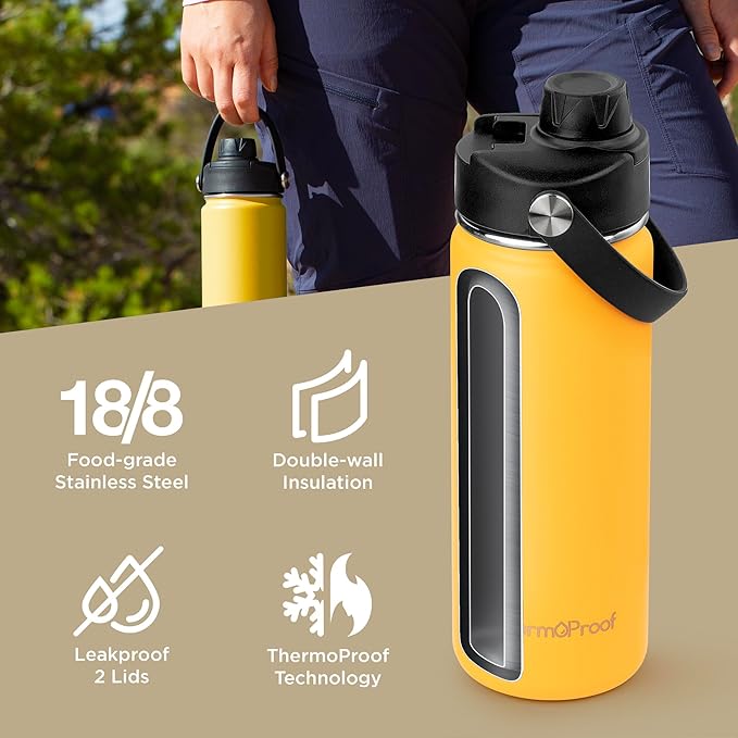 ThermoProof Insulated Water Bottle – Stainless Steel, Wide Mouth, Flip & Spout Lids, Leakproof, Dishwasher Safe, Reusable – Keeps Drinks Hot or Cold – for Adults & Kids – 18oz, Amber