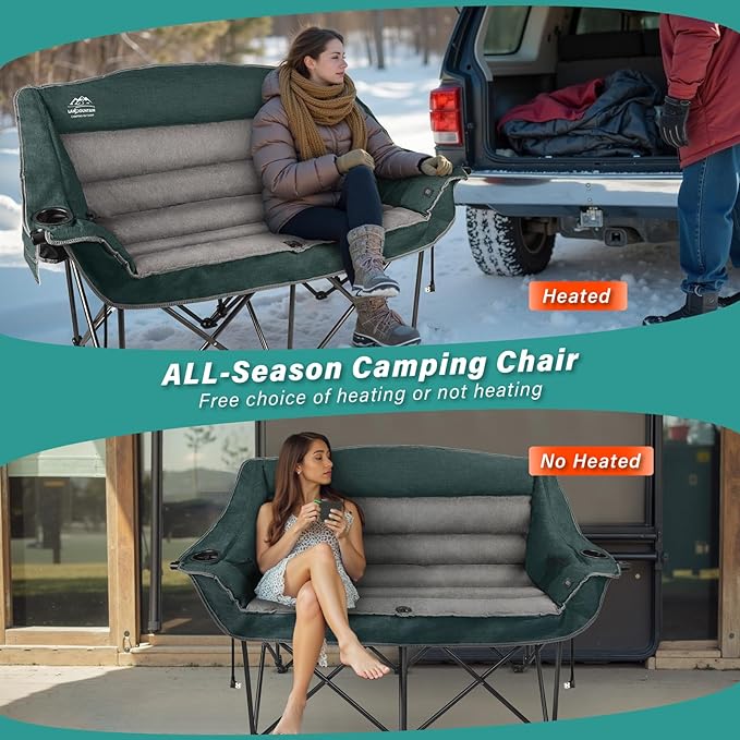 Heated Double Camping Chairs,3 Heat Levels Padded Portable Loveseat w/Wine Glass Holder,Cup Holder,Heating Outdoor Camp Couch Support 600 Lbs,Dark Green,Battery NOT Included