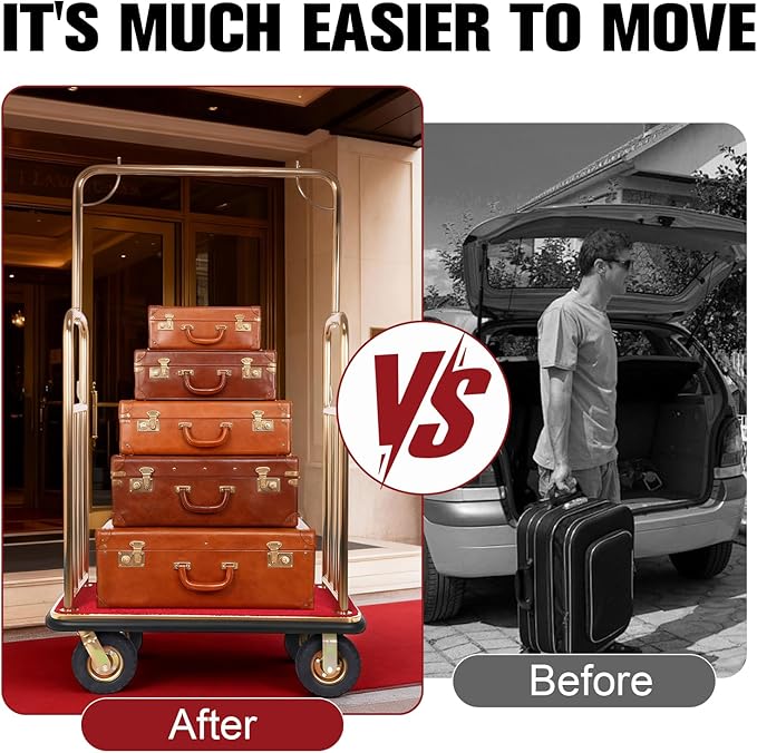 Generic Hotel Luggage Cart Wagon 39Lx19Wx68H Inch Metal Hotel Luggage Trolley Holds 881lbs 8-inch Silent Rubber Casters Carpet Deck Bumper Rails Bellman Cart for Hospitality Industry