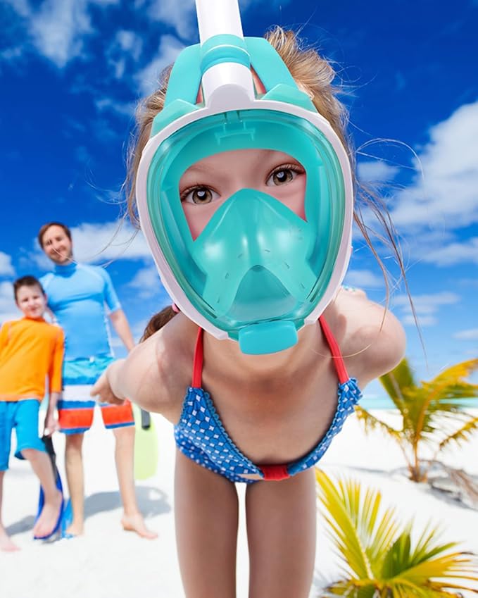 W WSTOO Kids Full Face Snorkel Masks,Suitable for Beginners Dry Top Snorkeling Gear,Can Your Mouth or Nose to Breathe,180 Degrees Panoramic View,Anti-Fog Anti-Leak,Summer Travel and Vacationing Gifts