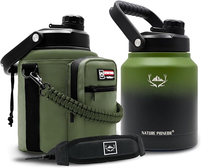 NATURE PIONEOR Insulated Water Bottles with Strap Pouch - 84 oz Stainless Steel Vacuum Bottle with Holder/Carrier/Sleeve - 18/8 Food Grade 84oz Water Jug