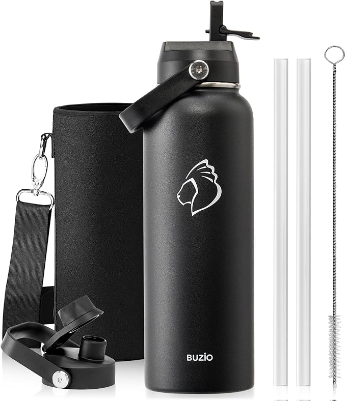 BUZIO 40oz Insulated Water Bottle, Triple Wall Vacuum Stainless Steel Water Flask with 2 lids, Lead-Free BPA-Free Straw Lid Sports Canteen Jug, Cold 48H & Hot 24H- Black